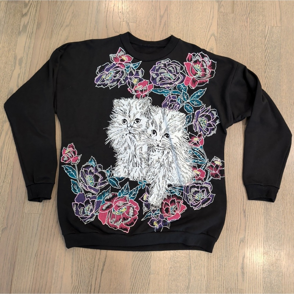 VTG 80s Persian Cat Kitten Floral Glitter Graphic Sweatshirt Crewneck Pullover